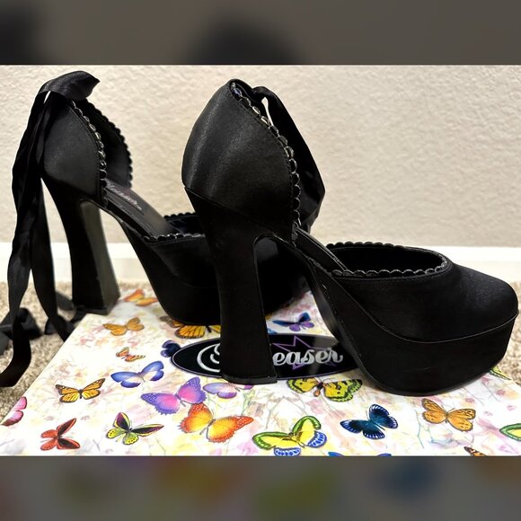 90s Pleasers Black Satin Dolly Platform Heels Ballet Ribbon Goth Formal Witch 8 - Picture 2 of 10